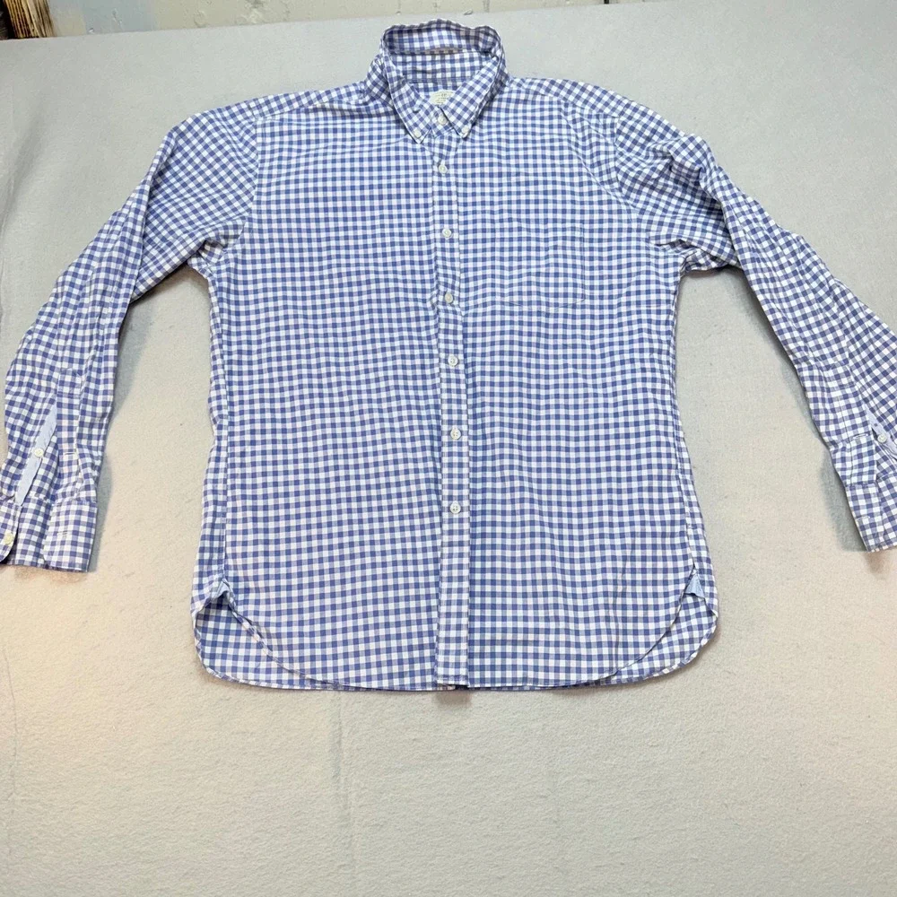 J.Crew Gingham Shirt Button Down Long‎ Sleeve Blue White Checkered Mens L,preppy